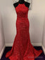 Red Mermaid Sequins Halter Backless Prom Dresses