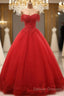 Red Off Shoulder Long Party Dress, A-Line Tulle Evening Dress Formal Gown