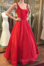 Red Prom Dress, A-line Square Neckline Regular Straps Long/Floor-Length Satin Prom Dress