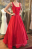 Red Prom Dress, A-line Square Neckline Regular Straps Long/Floor-Length Satin Prom Dress