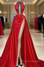 Red Robe De Soiree A-Line High Collar Satin Crystals Slit Sexy Long Prom Dress Prom Gown Evening Dress