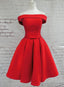 Red Satin Short Party Dress, Red Off Shoulder Homecoming Dress