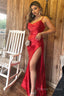 Red Satin Spaghetti Straps Prom Dress with Ruffles