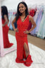Red Sequins V Neck Prom Dress with Slit