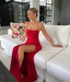 Vintage Satin Spaghetti Strap Ruched High Slit Formal Evening Gown