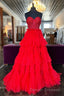 Red Sweetheart Sequins Top Multi-Layers Long Prom Dress,Tiered Formal Dress