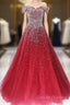 Red Tulle Beaded Off The Shoulder Long Party Gown, Red Formal Dress
