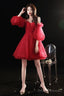 Red Tulle Short Prom Dress, A-Line Puff Sleeve Evening Party Dress