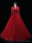 Red Tulle V-neck Long Sleeve Beading Prom Dress