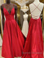 Red v neck backless satin long prom Dress red evening Dress