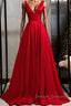 Red v neck satin long prom Dress simple red evening Dress