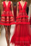 Red v neck tulle long prom Dress, red tulle evening Dress