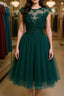 Round Neck Beaded Green Lace Short Prom Homecoming Dress, Short Green Lace Formal Graduation Evening Dress
