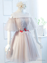 Round Neck Half Sleeves Short Pink Prom Dresses, Half Sleeves Short Pink Graduation Bridesmaid Dresses