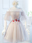 Round Neck Half Sleeves Short Pink Prom Dresses, Half Sleeves Short Pink Graduation Bridesmaid Dresses