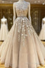 Round Neck Long Champagne Lace Wedding Dress, Champagne Lace Formal Prom Evening Dress