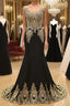 Round Neck Mermaid Lace Applique Black Prom Dress, Lace Black Formal Dress