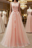 Round Neck Pink Lace Long Prom Dress, Pink Lace Bridesmaid Dress
