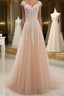 Round Neck Pink Lace Prom Dress, Pink Lace Formal Evening Dress