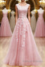 Round Neck Pink Lace Prom Dress, Pink Lace Long Formal Evening Dress