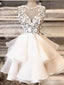 Round Neck Short Ivory Lace Prom Dresses, Short Ivory Lace Formal Graduation Cocktail Dresses