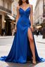 Royal Blue A Line Spaghetti Straps Satin Prom Dress with Slit