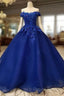 Royal Blue Off-The-Shoulder Evening Dress, Appliques Formal Prom Dress