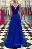 Royal Blue Prom Dress, A-line V Neck Regular Straps Long/Floor-Length Satin Prom Dress With Appliqued Beading