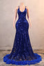 Royal Blue Prom Dresses Sequin Mermaid Long Evening Dresses Floor Length Sleeveless Spaghetti Strap with Feather