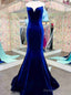 Royal Blue Velvet Strapless Prom Dress With Bow