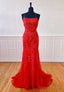 Red Lace Long Prom Dresses, Mermaid Evening Dresses