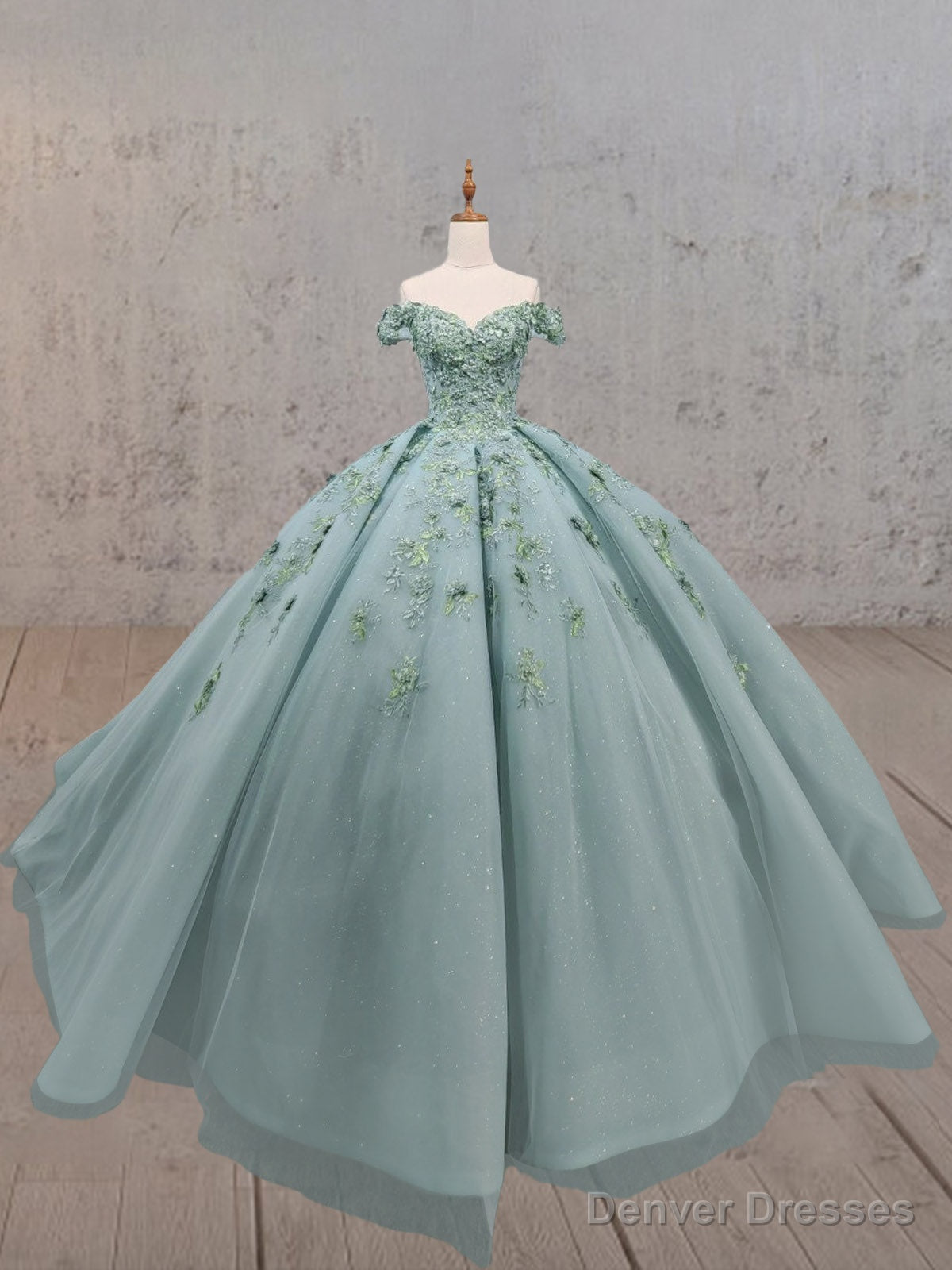 Off The Shoulder Sage Green Ball Gown With Flowers Sweet 16 Dress Quinceanera Y4342