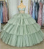 Sage Green Luxury Tiered Tulle Ruffles Beaded Ball Gown Quinceanera Dress