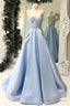 Satin A Line Beading Spaghetti Straps Sky Blue Pockets Prom Dress