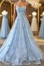 Scoop Neck Light Blue Backless Lace Prom Dress, Scoop Neck Blue Lace Formal Evening Dress