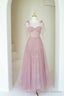 Scoop Neckline Tulle Pink Long Prom Dress, Cute A-Line Evening Party Dress