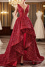 Sequins Asymmetrical Red Evening Dress Sleeveless Deep-V Prom Formal Dress