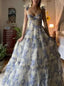 Sexy A Line Long Blue Floral Prom Dress Blue And White Party Dress