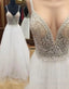 Sexy Backless V Neck White Beaded A-Line Long Evening Prom Dress