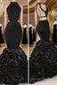 Sexy Black Backless Mermaid Ruffles Tiered African Long Lace Prom Dress