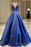 Sexy Deep V-Neck Long Satin Bow Back Evening Dress Floor Length Prom Gowns