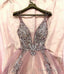Sexy Deep V Neck Pink Prom Dresses