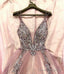 Sexy Deep V Neck Pink Prom Dresses