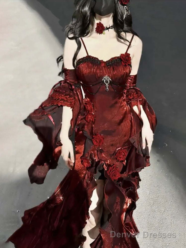 Sexy French High Low Spaghetti Straps Christmas Dress Burgundy Birthda   Denver Dresses