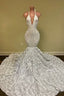 Sexy Hater Deep V-Neck Backless Ivory Prom Dress with Flowers Bottom