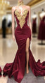 Sexy Mermaid Front-Split Lace High Neck Burgundy Prom Dress
