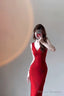 Sexy Mermaid V Neckline Christmas Dress Red Satin Prom Dresses Birthday Outfits