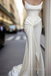 Sexy Robe De Soiree Mermaid Scoop Floor Length Satin Slit Long Prom Dress Prom Gown Evening Dress