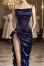 Sexy Sheath Column Spaghetti Straps Navy Blue Backless Satin Prom Dress