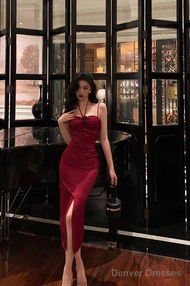 Sexy Sheath Halter Red Ankle Length Slit Prom Dresses Birthday Dress – Denver Dresses